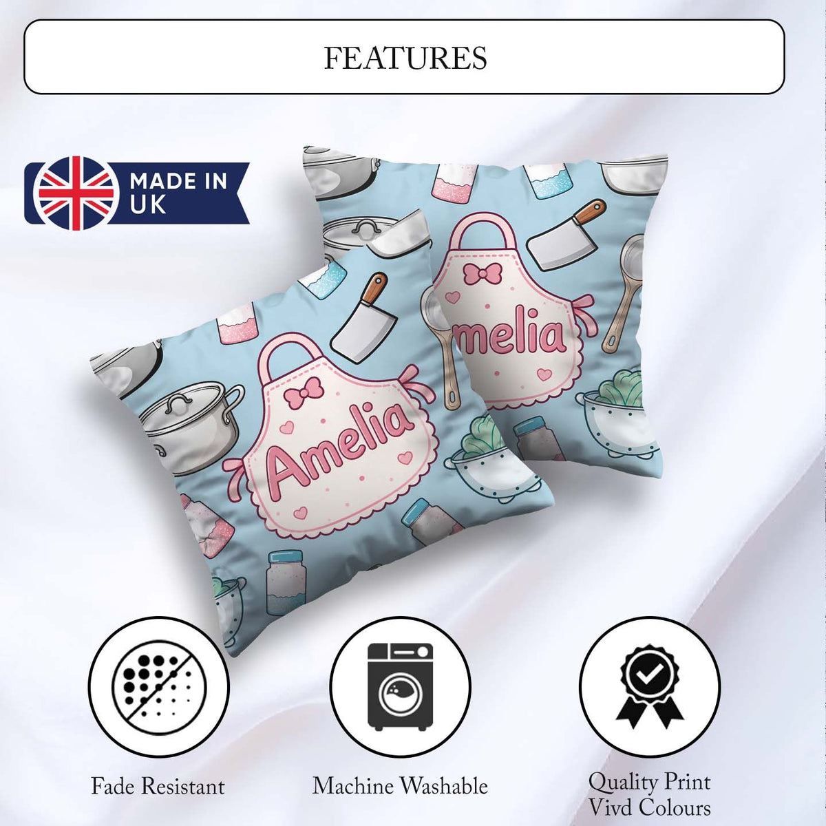 Custom Name Cute Kawaii Utensils and on Blue Background Seamless Square Filled Cushion Throw Pillow Sofa Bed Home Decor Zip Washable UK Made
