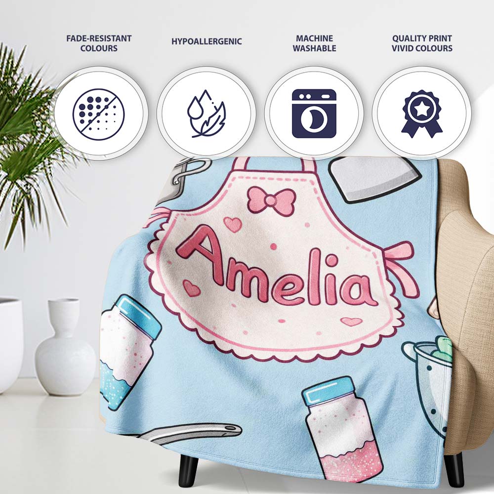 Cute Kawaii Utensils and Apron on Blue Background Seamless Personalised Custom Name Super Soft Fleece Blanket Bed Sofa Throw