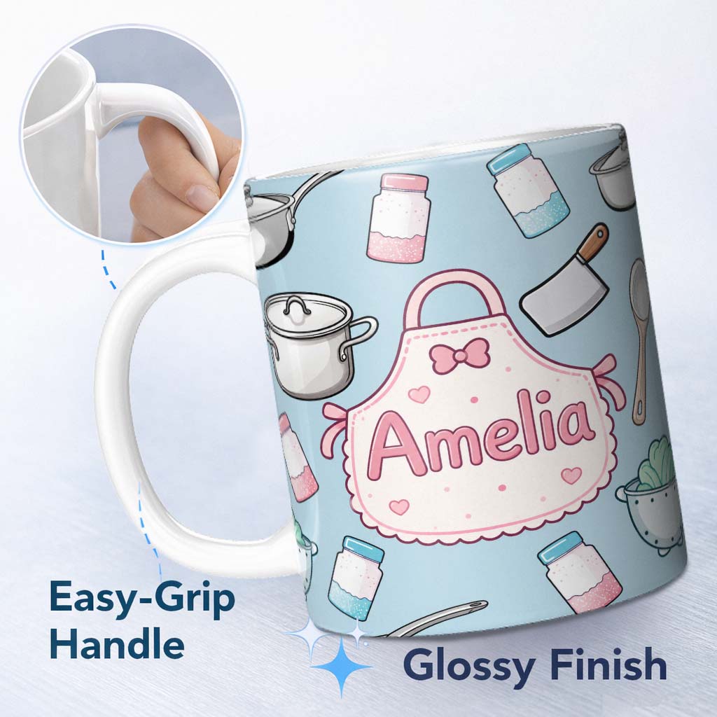 Personalized Custom Name Cute Kawaii Kitchen Utensils and Apron on Blue Background Seamless 11oz Ceramic Coffee Tea Mug White Large Handle