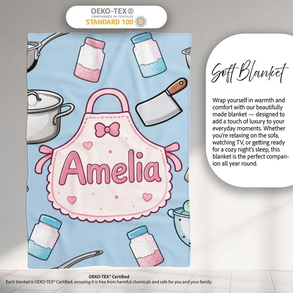 Cute Kawaii Utensils and Apron on Blue Background Seamless Personalised Custom Name Super Soft Fleece Blanket Bed Sofa Throw