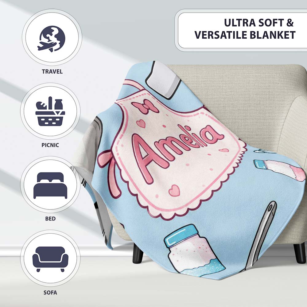 Cute Kawaii Utensils and Apron on Blue Background Seamless Personalised Custom Name Super Soft Fleece Blanket Bed Sofa Throw
