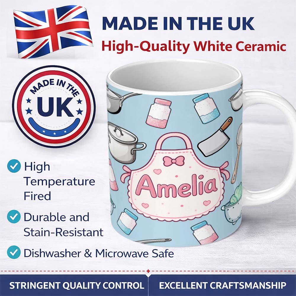 Personalized Custom Name Cute Kawaii Kitchen Utensils and Apron on Blue Background Seamless 11oz Ceramic Coffee Tea Mug White Large Handle