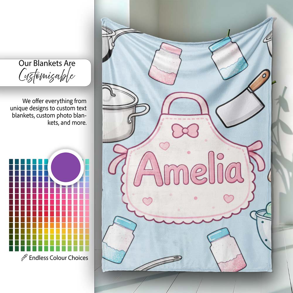 Cute Kawaii Utensils and Apron on Blue Background Seamless Personalised Custom Name Super Soft Fleece Blanket Bed Sofa Throw