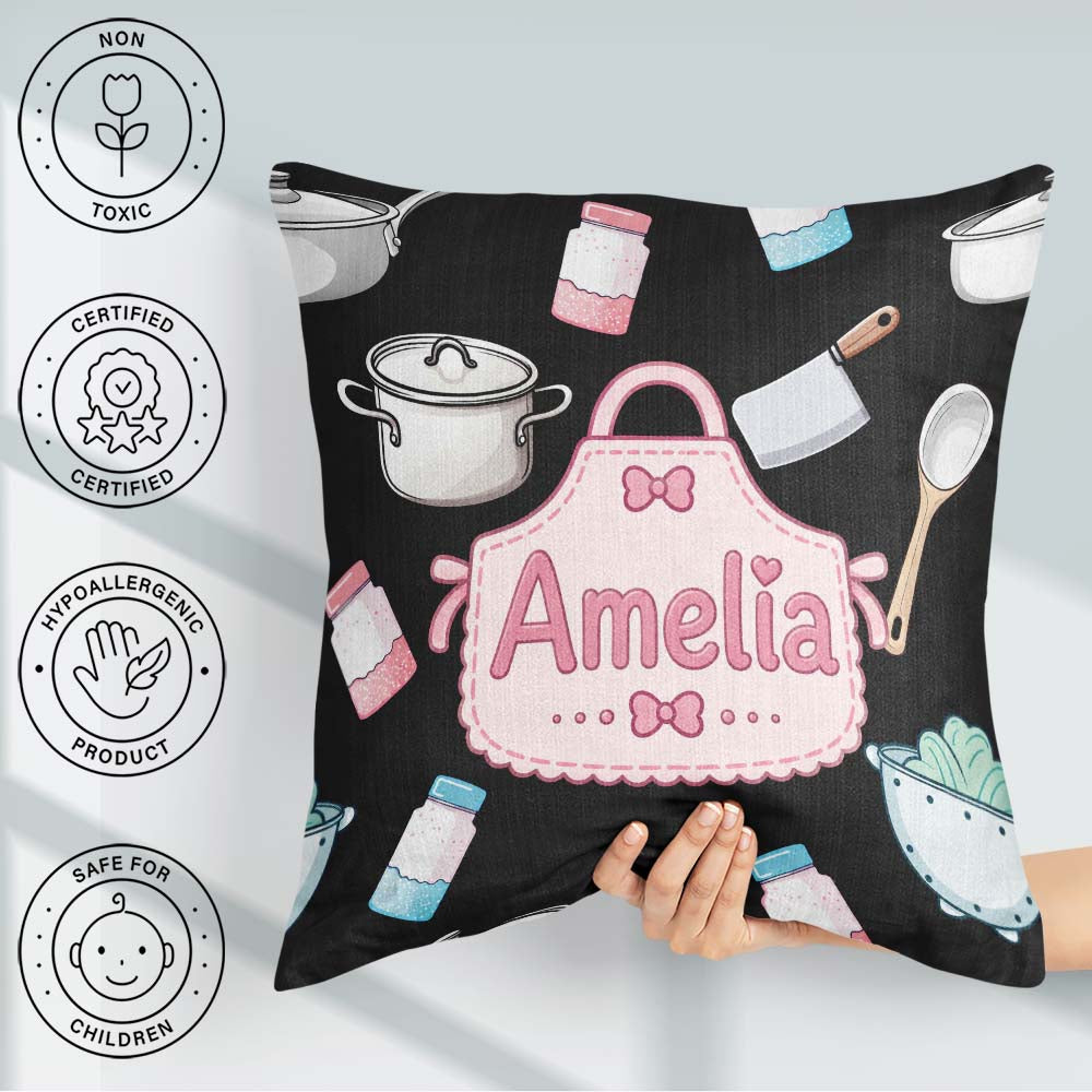 Custom Name Cute Utensils and Apron on Black Background Seamless Square Filled Cushion Throw Pillow Sofa Bed Home Decor Zip Washable UK Made