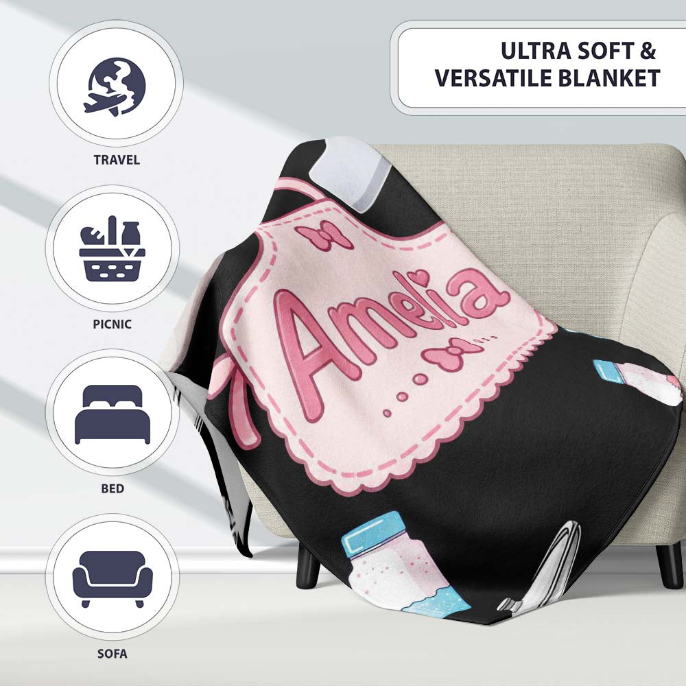 Cute Kawaii Utensils and Apron on Black Background Seamless Personalised Custom Name Super Soft Fleece Blanket Bed Sofa Throw