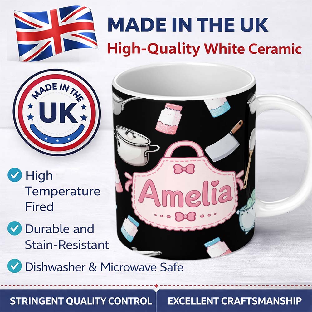 Personalized Custom Name Cute Kawaii Kitchen Utensils and Apron on Black Background Seamless 11oz Ceramic Coffee Tea Mug White Large Handle