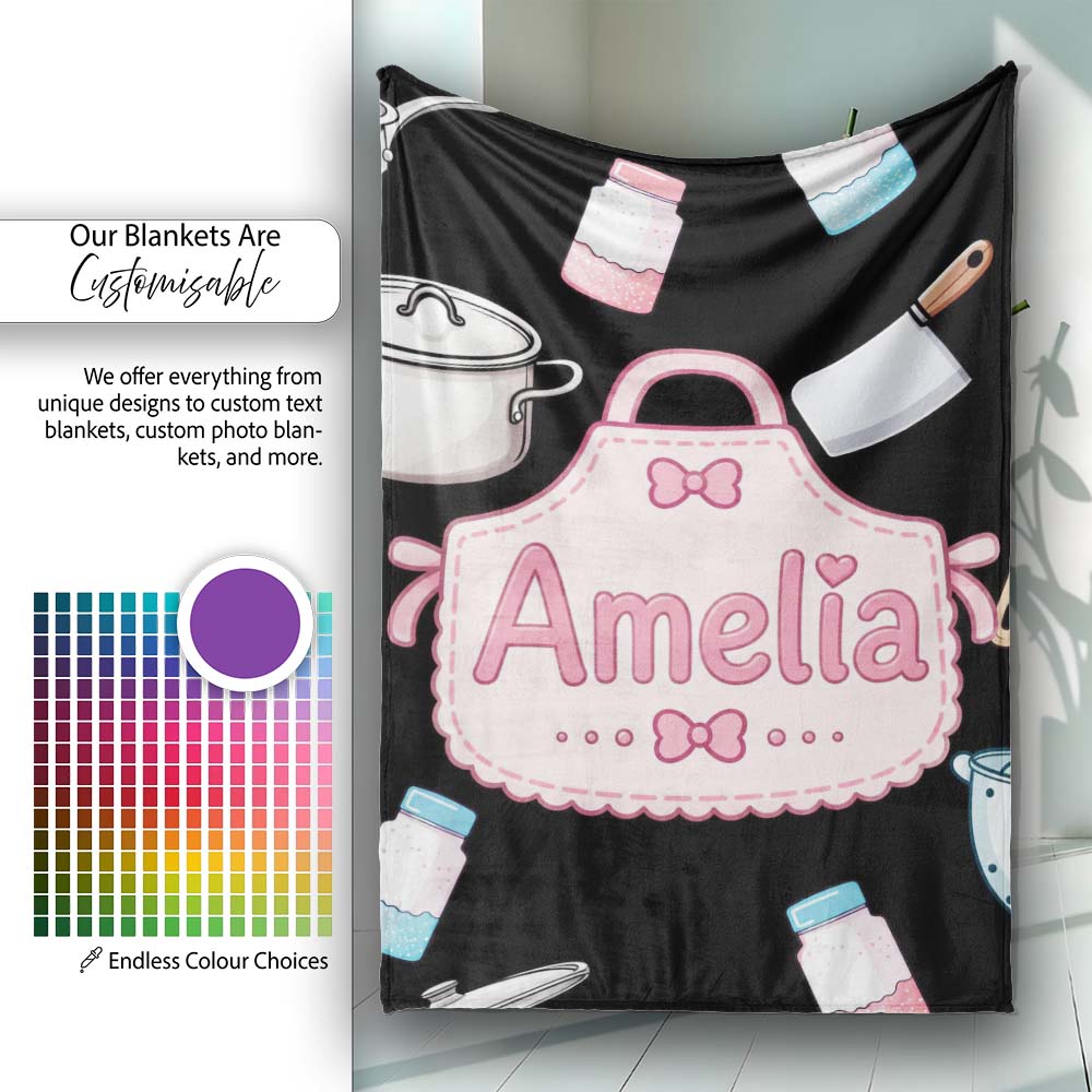 Cute Kawaii Utensils and Apron on Black Background Seamless Personalised Custom Name Super Soft Fleece Blanket Bed Sofa Throw