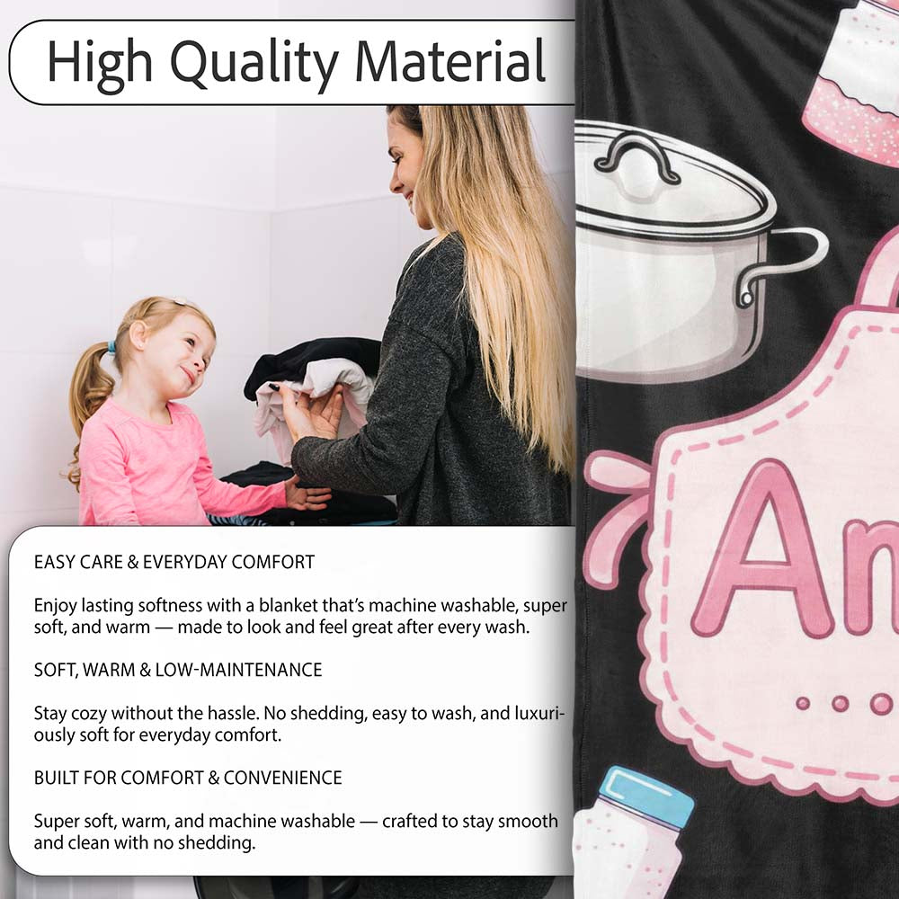 Cute Kawaii Utensils and Apron on Black Background Seamless Personalised Custom Name Super Soft Fleece Blanket Bed Sofa Throw