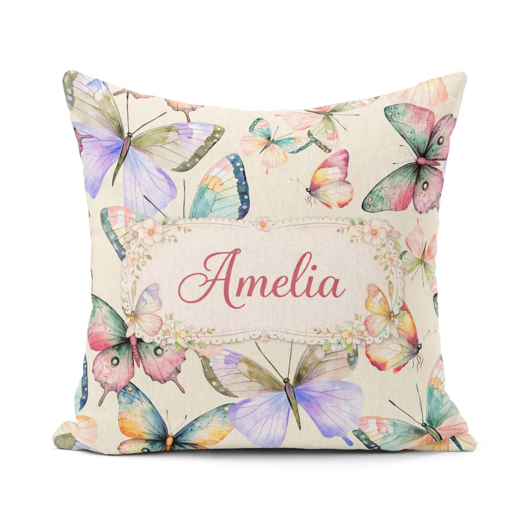 Custom Name Pastel Watercolor Butterflies Cream Seamless Pattern Square Filled Cushion Throw Pillow Sofa Bed Home Decor Zip Washable UK Made