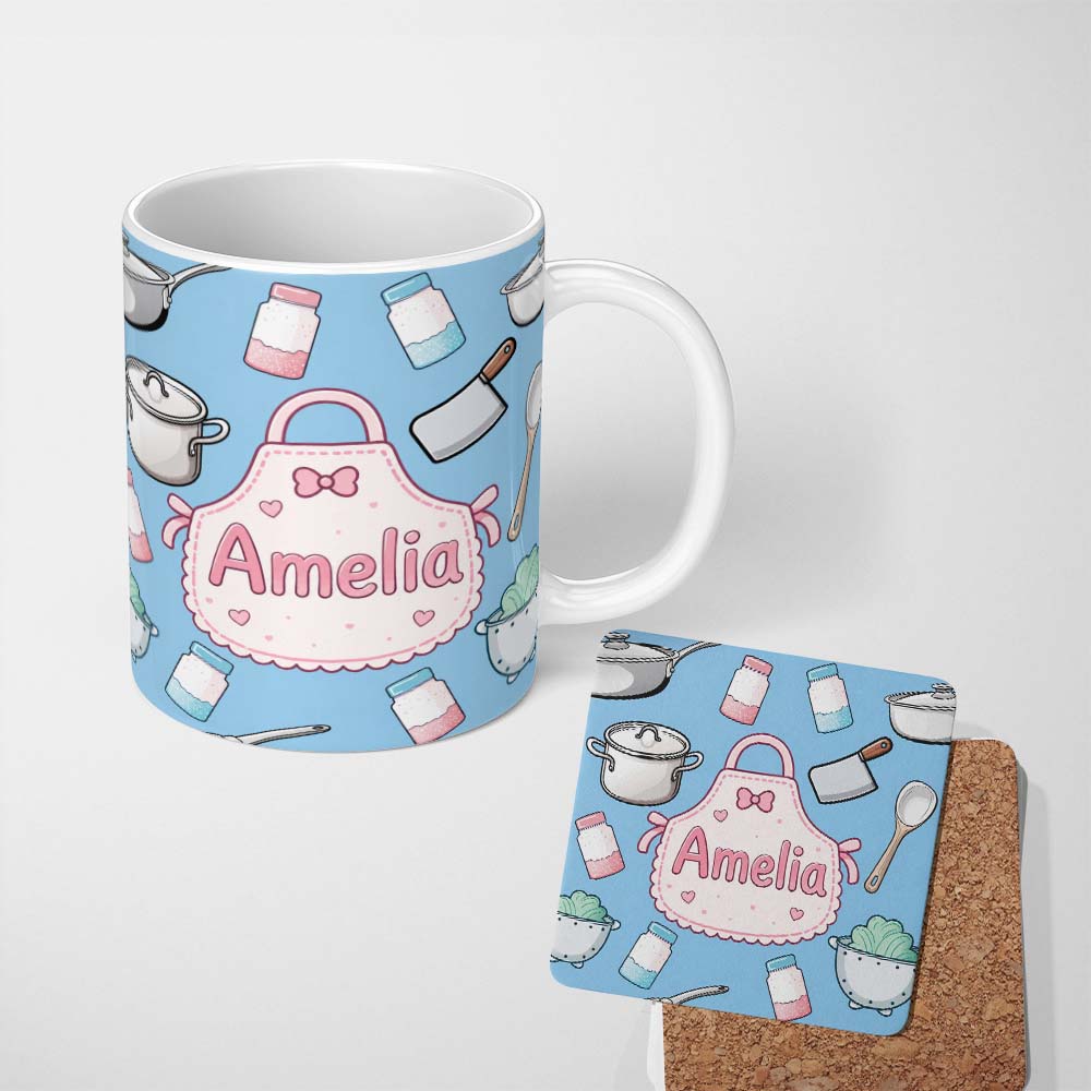 Personalized Custom Name Kawaii Kitchen Utensils and Apron on Light Blue Seamless Pattern 11oz Ceramic Coffee Tea Mug White Large Handle