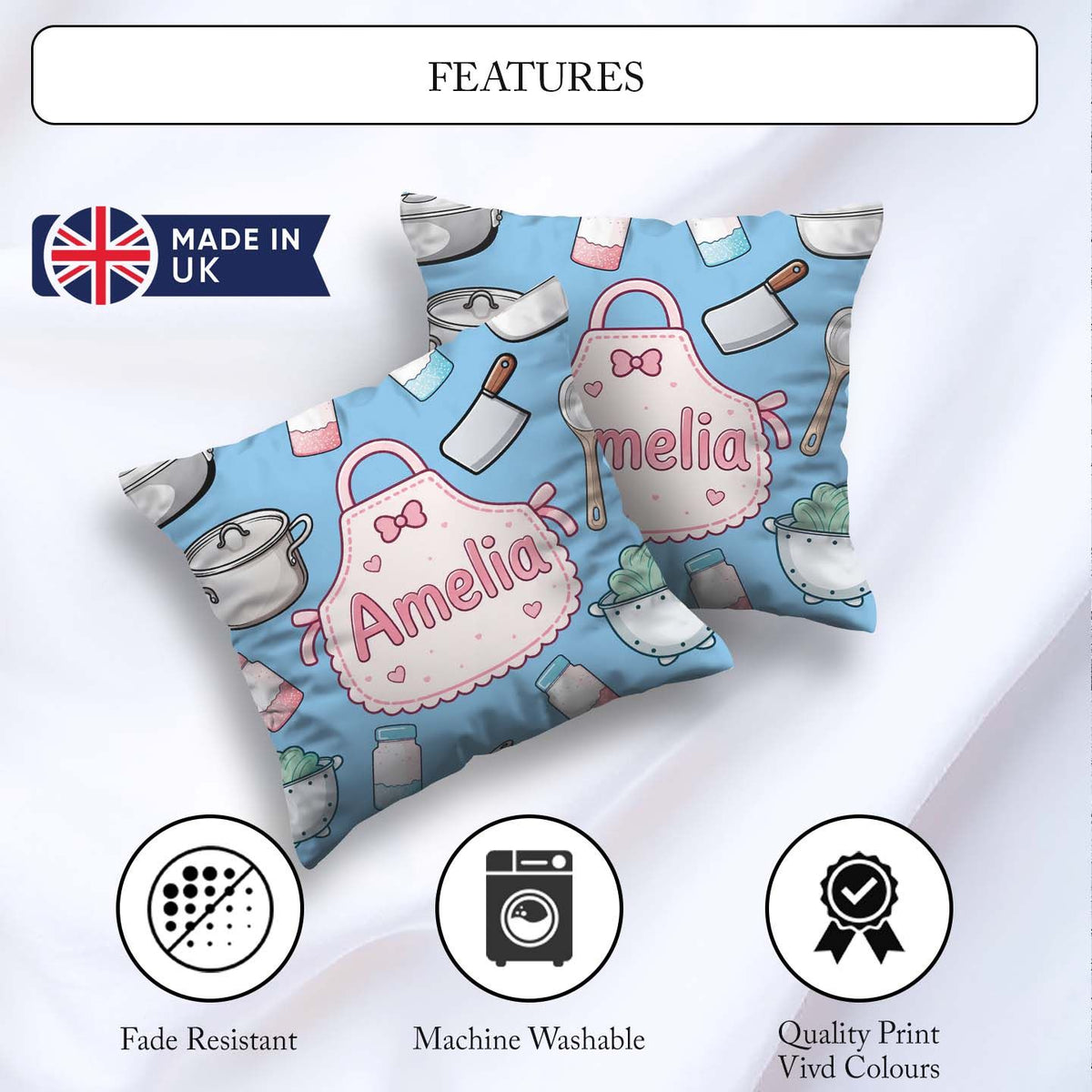 Custom Name Kawaii Utensils Apron on Light Blue Seamless Pattern Square Filled Cushion Throw Pillow Sofa Bed Home Decor Zip Washable UK Made