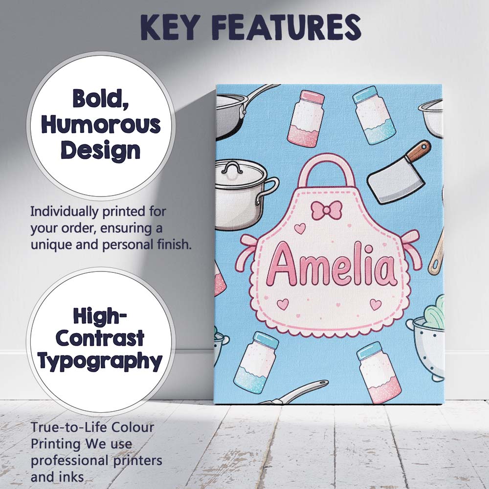 Personalised Name Kawaii Utensils and Apron Custom Bespoke Interior Contemporary Canvas Wall Art Print Decor Picture Ready to Hang