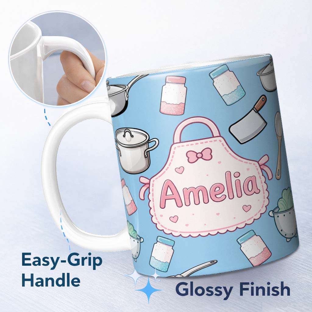 Personalized Custom Name Kawaii Kitchen Utensils and Apron on Light Blue Seamless Pattern 11oz Ceramic Coffee Tea Mug White Large Handle