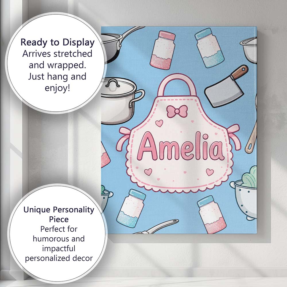 Personalised Name Kawaii Utensils and Apron Custom Bespoke Interior Contemporary Canvas Wall Art Print Decor Picture Ready to Hang