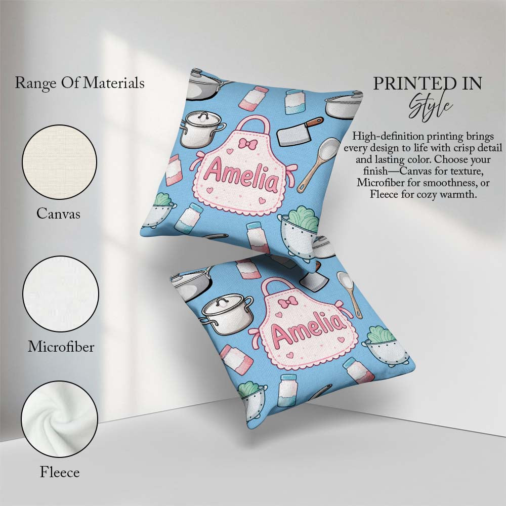 Custom Name Kawaii Utensils Apron on Light Blue Seamless Pattern Square Filled Cushion Throw Pillow Sofa Bed Home Decor Zip Washable UK Made