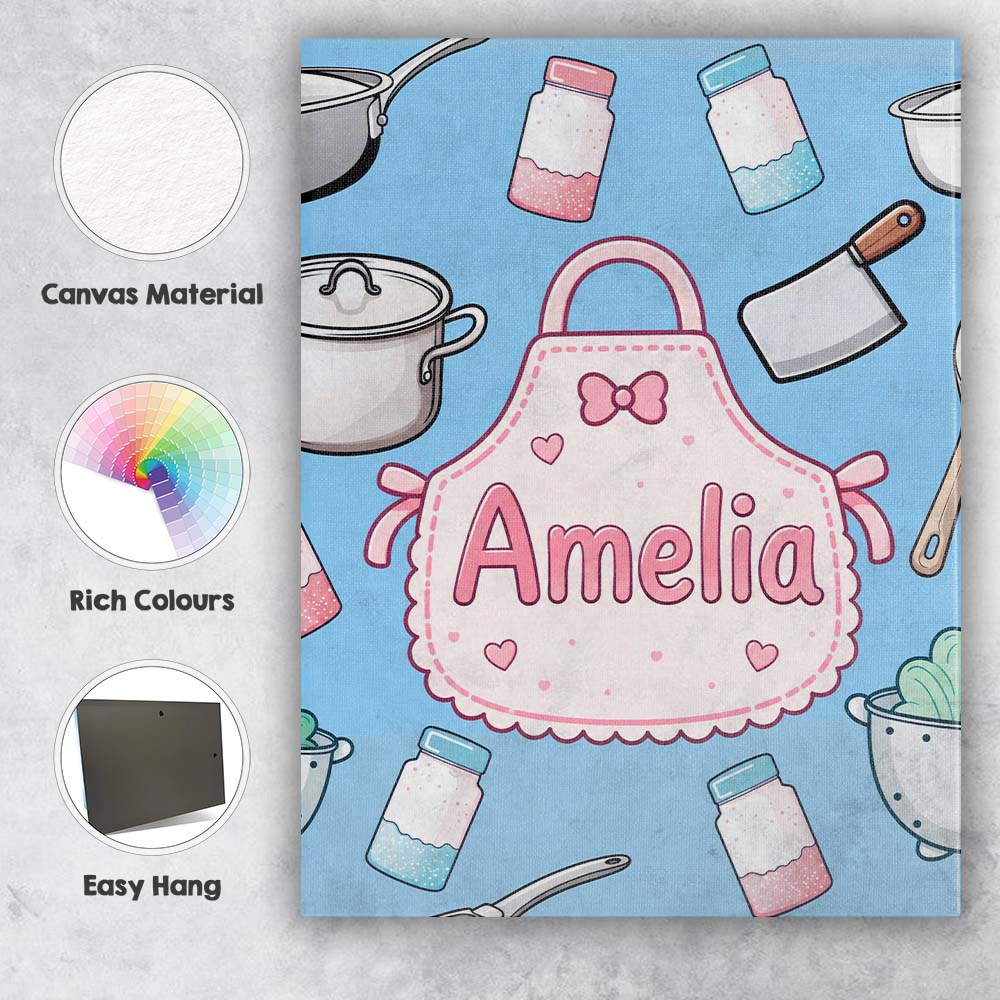 Personalised Name Kawaii Utensils and Apron Custom Bespoke Interior Contemporary Canvas Wall Art Print Decor Picture Ready to Hang