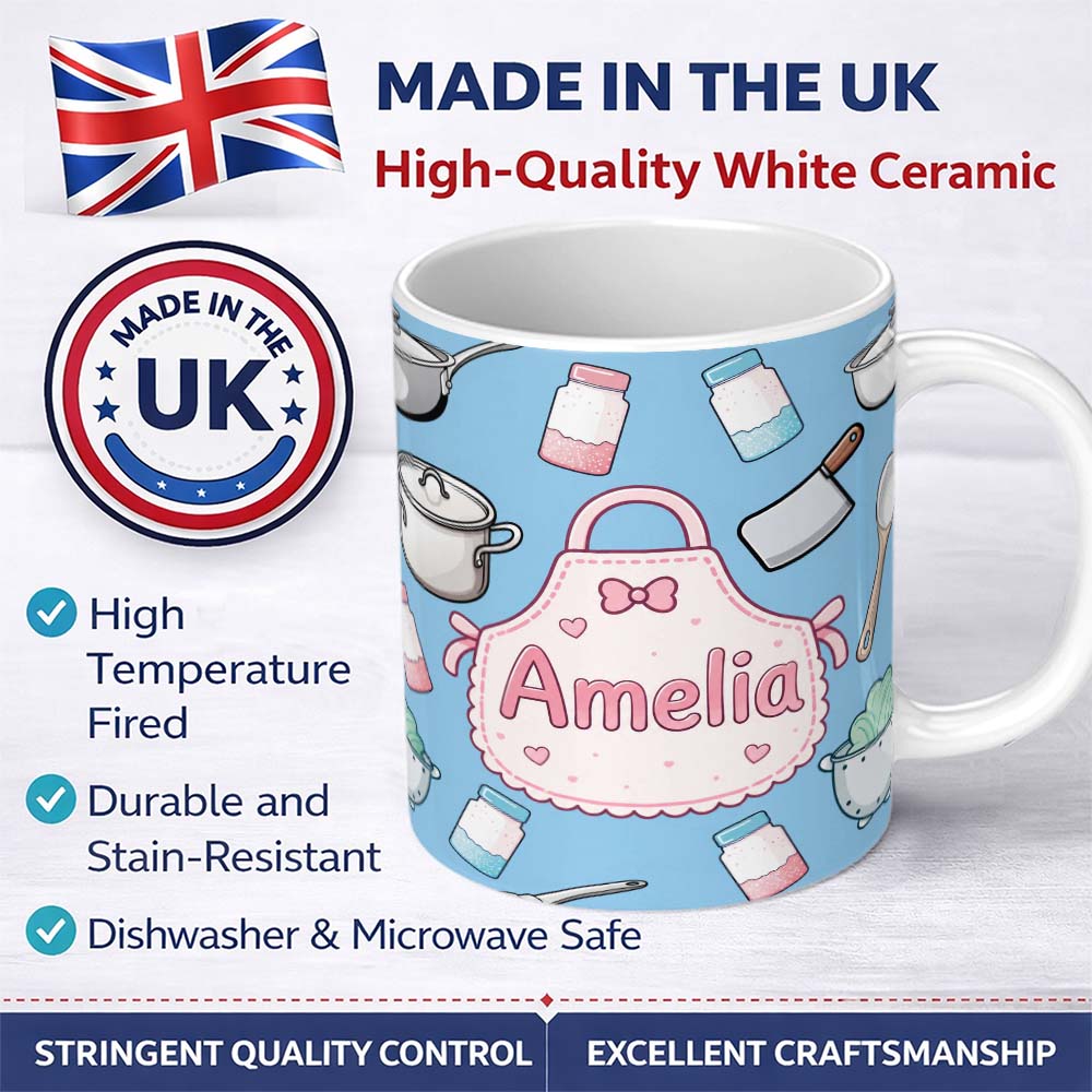 Personalized Custom Name Kawaii Kitchen Utensils and Apron on Light Blue Seamless Pattern 11oz Ceramic Coffee Tea Mug White Large Handle