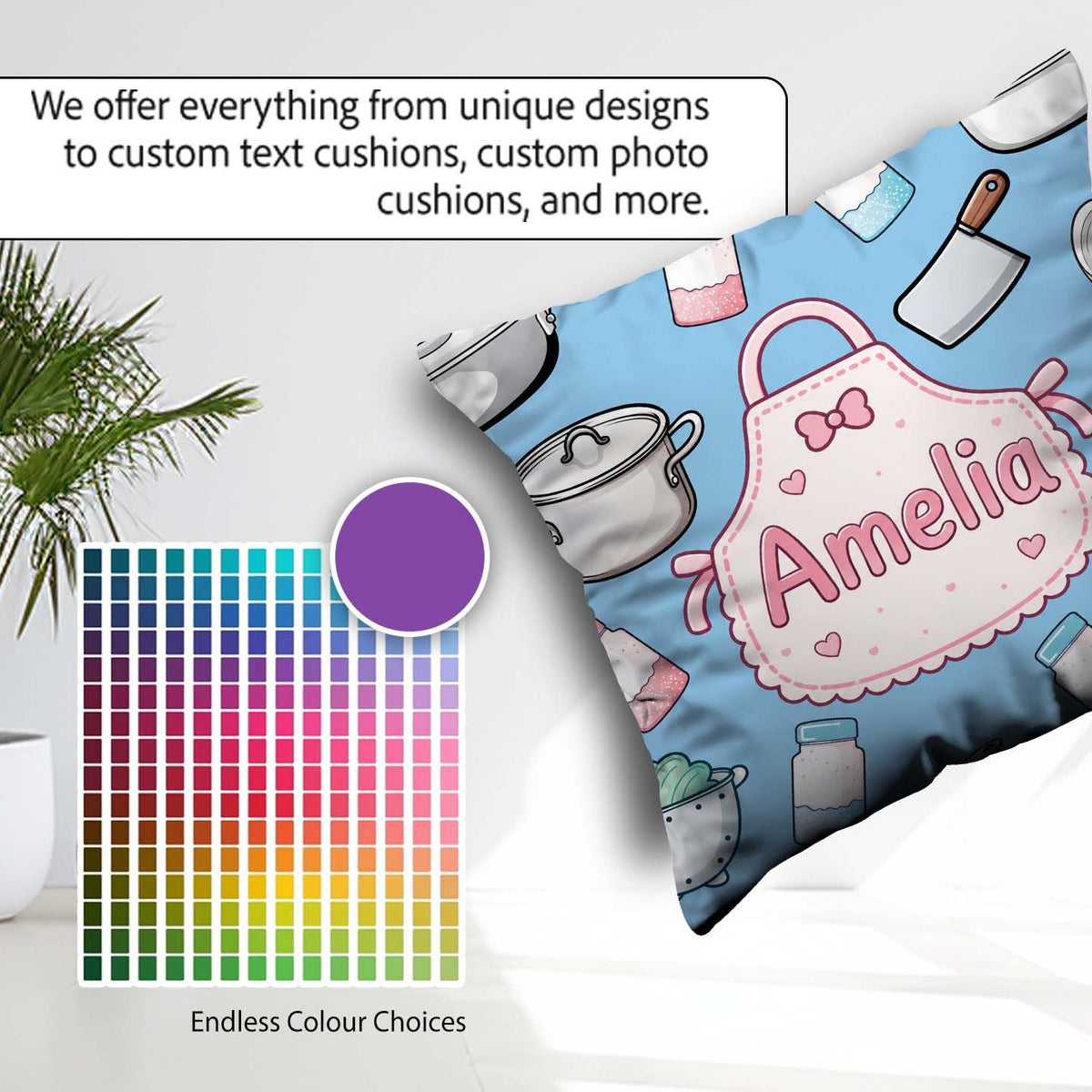 Custom Name Kawaii Utensils Apron on Light Blue Seamless Pattern Square Filled Cushion Throw Pillow Sofa Bed Home Decor Zip Washable UK Made