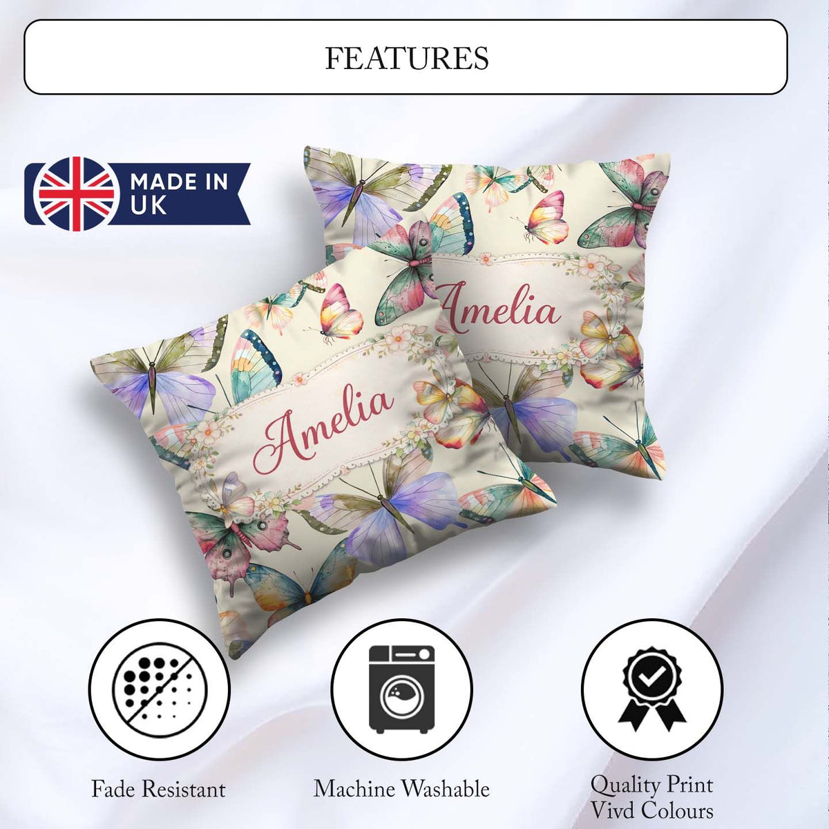 Custom Name Pastel Watercolor Butterflies Cream Seamless Pattern Square Filled Cushion Throw Pillow Sofa Bed Home Decor Zip Washable UK Made