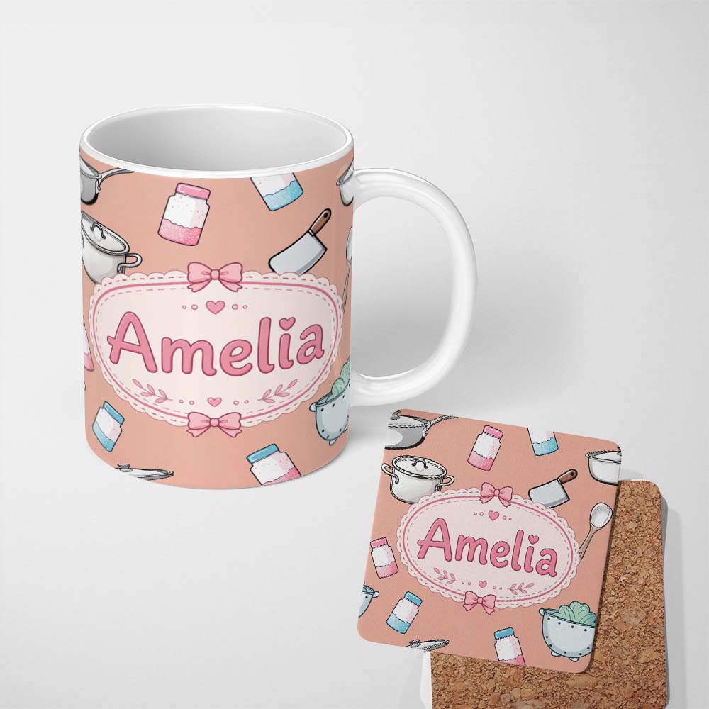 Personalized Custom Name Kawaii Kitchen Utensils Apron and Cooking Tools on Peach Seamless 11oz Ceramic Coffee Tea Mug White Large Handle