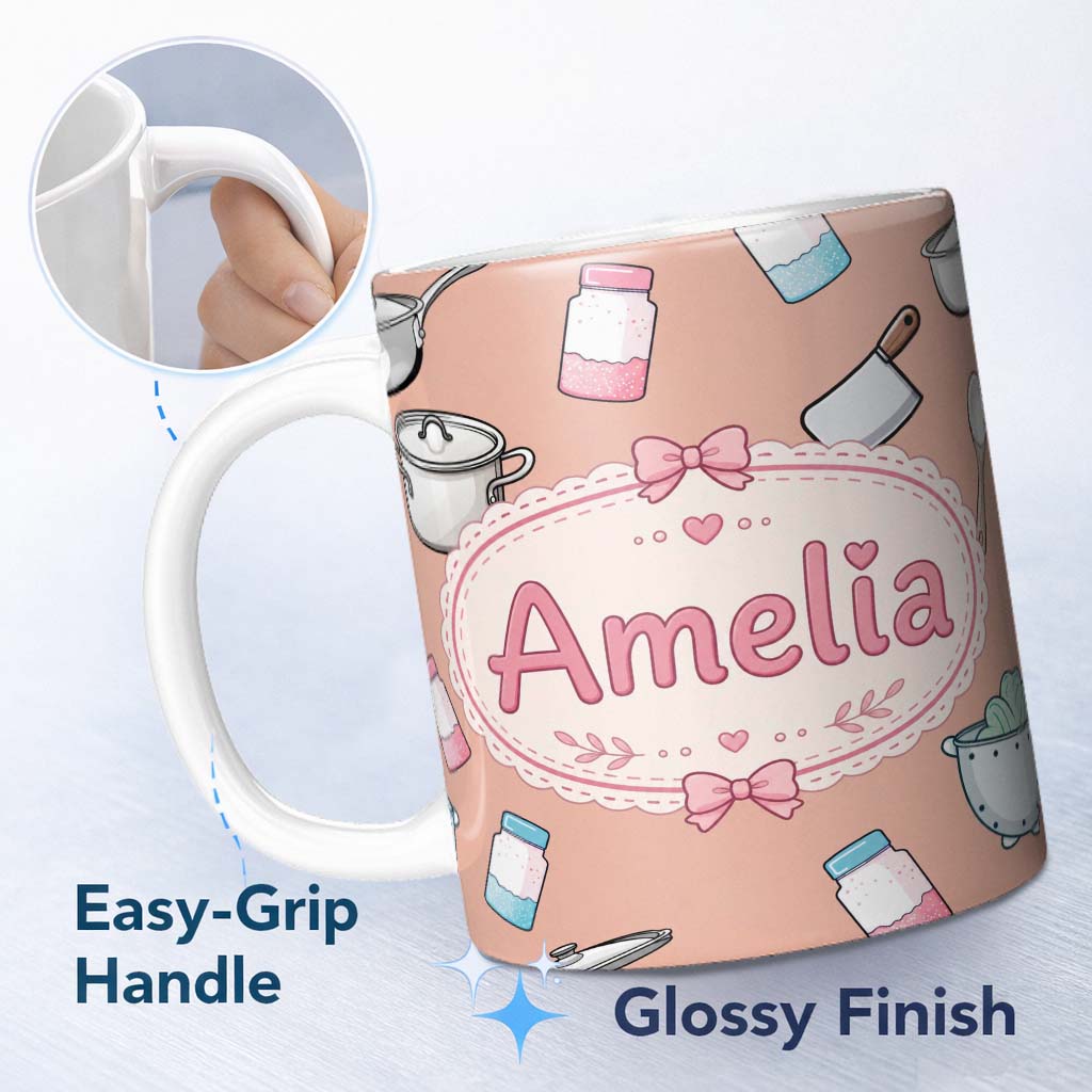 Personalized Custom Name Kawaii Kitchen Utensils Apron and Cooking Tools on Peach Seamless 11oz Ceramic Coffee Tea Mug White Large Handle