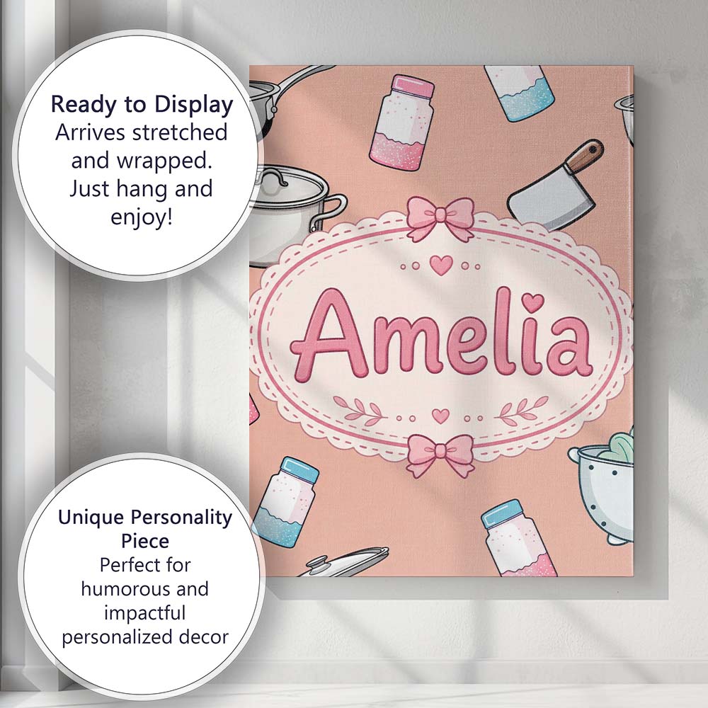 Personalised Name Kawaii Utensils Apron and Custom Bespoke Interior Contemporary Canvas Wall Art Print Decor Picture Ready to Hang