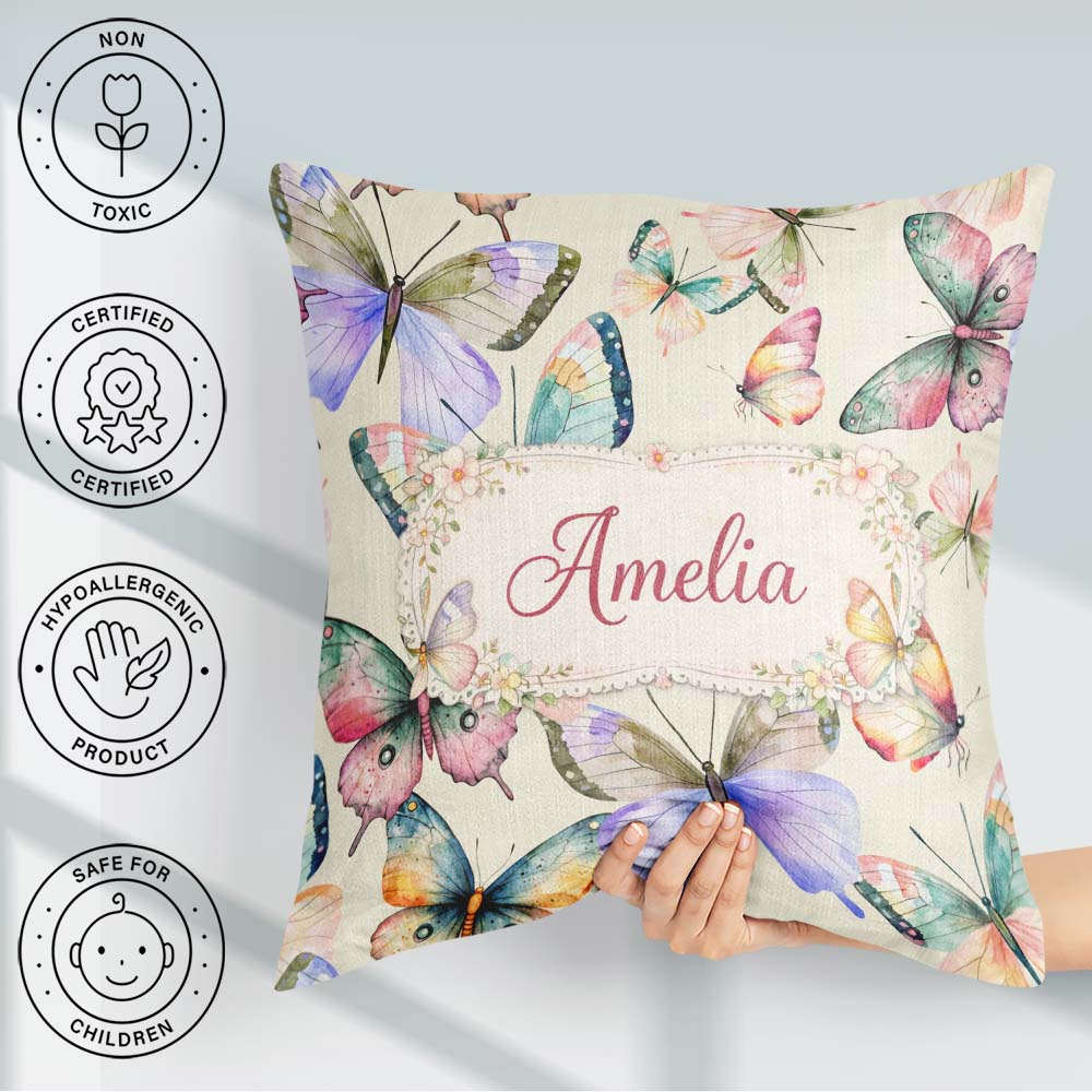 Custom Name Pastel Watercolor Butterflies Cream Seamless Pattern Square Filled Cushion Throw Pillow Sofa Bed Home Decor Zip Washable UK Made