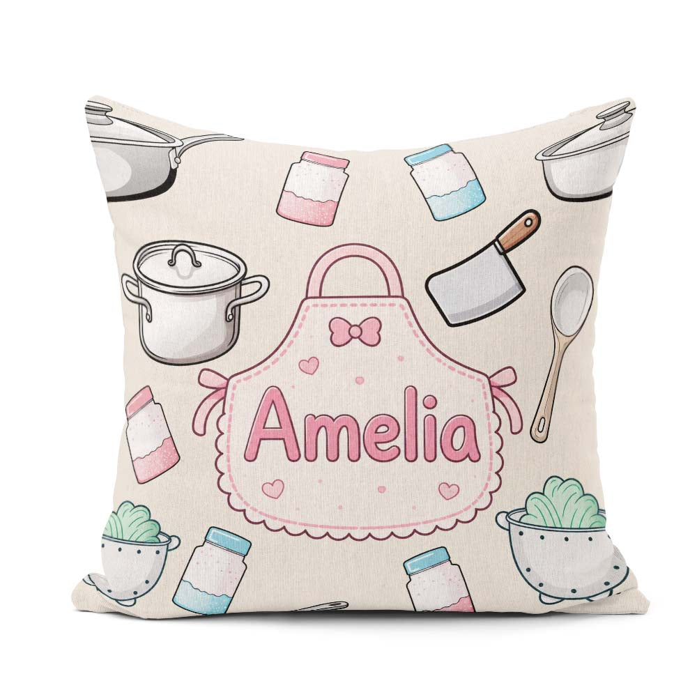 Custom Name Utensils Apron and Cooking Tools on Neutral Seamless Square Filled Cushion Throw Pillow Sofa Bed Home Decor Zip Washable UK Made