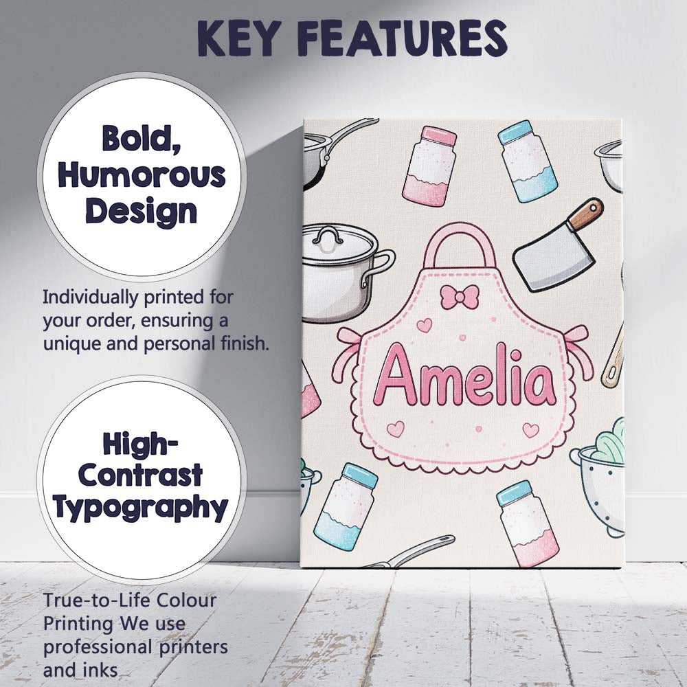 Personalised Name Kawaii Utensils Apron and Custom Bespoke Interior Contemporary Canvas Wall Art Print Decor Picture Ready to Hang