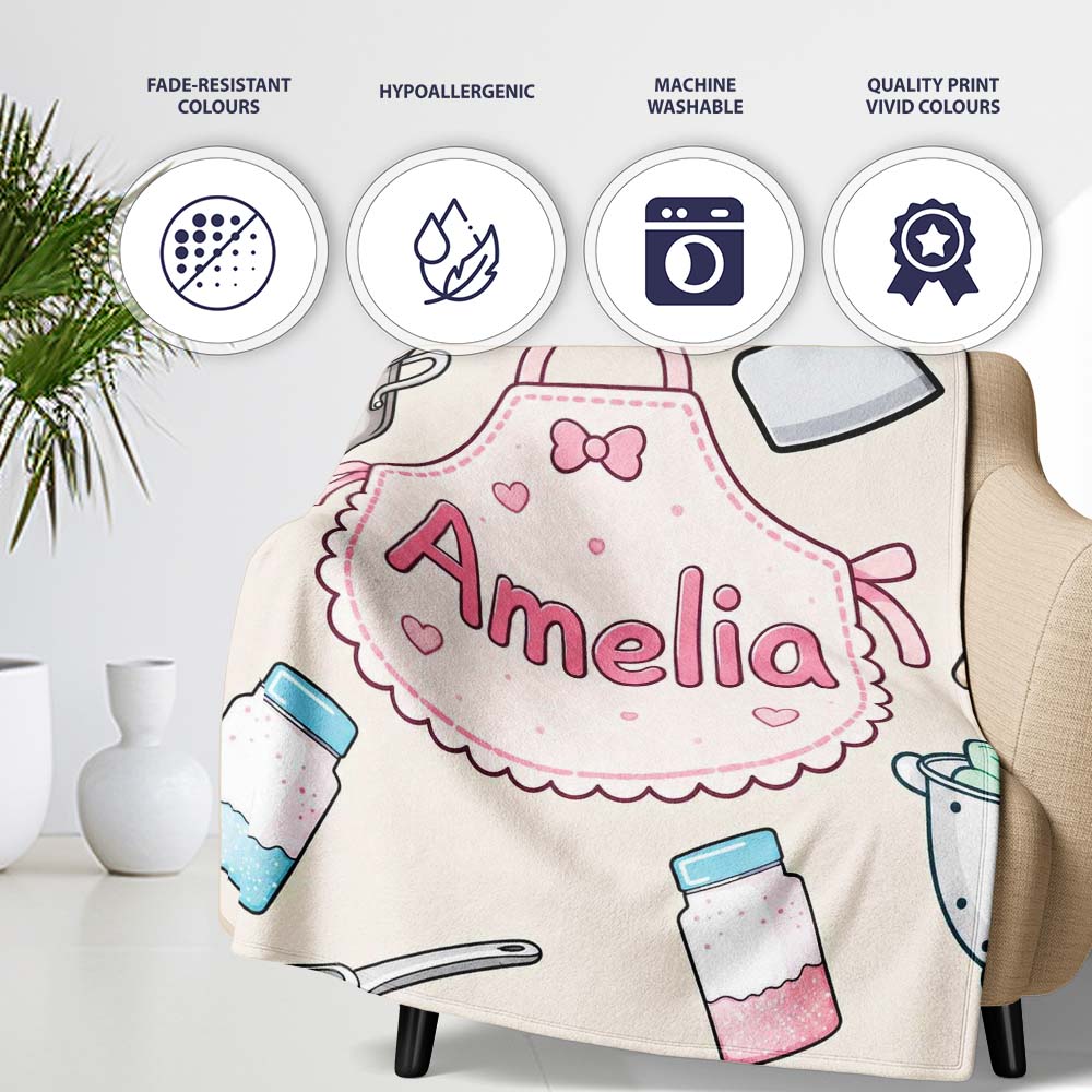 Kawaii Utensils Apron and Cooking Tools on Neutral Seamless Personalised Custom Name Super Soft Fleece Blanket Bed Sofa Throw
