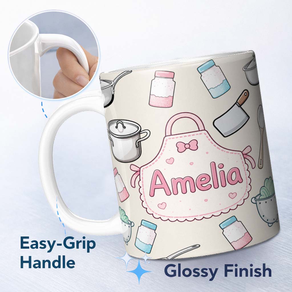 Personalized Custom Name Kawaii Kitchen Utensils Apron and Cooking Tools on Neutral Seamless 11oz Ceramic Coffee Tea Mug White Large Handle