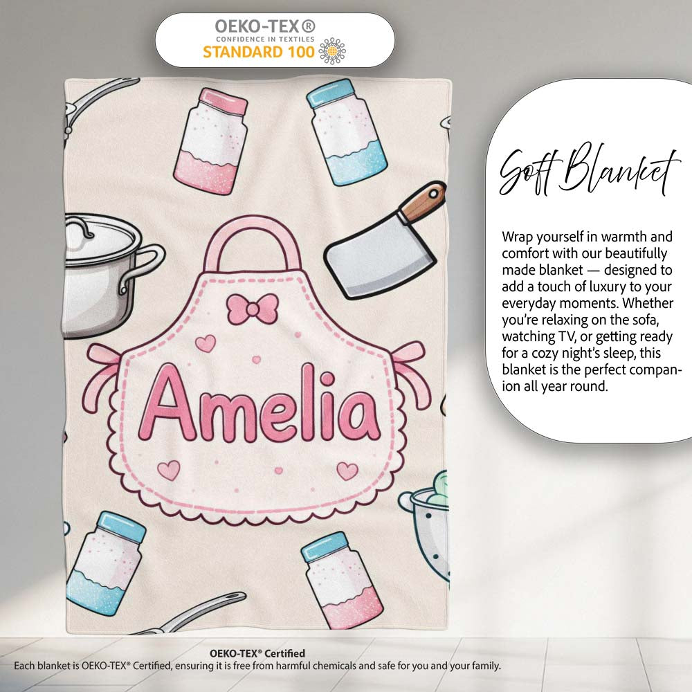 Kawaii Utensils Apron and Cooking Tools on Neutral Seamless Personalised Custom Name Super Soft Fleece Blanket Bed Sofa Throw