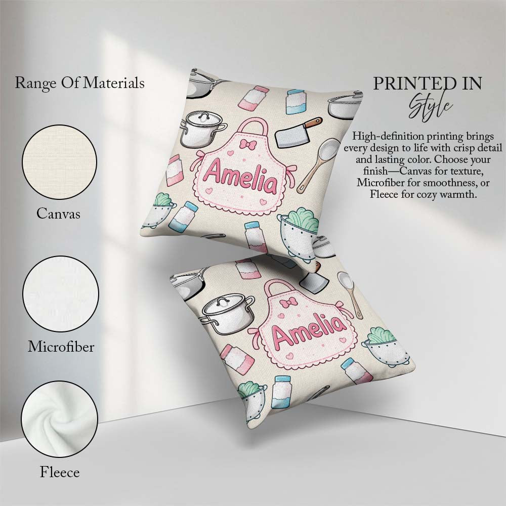 Custom Name Utensils Apron and Cooking Tools on Neutral Seamless Square Filled Cushion Throw Pillow Sofa Bed Home Decor Zip Washable UK Made