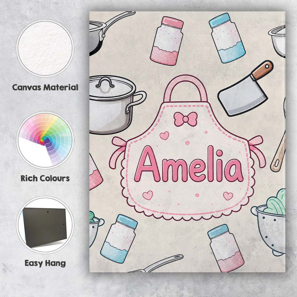 Personalised Name Kawaii Utensils Apron and Custom Bespoke Interior Contemporary Canvas Wall Art Print Decor Picture Ready to Hang