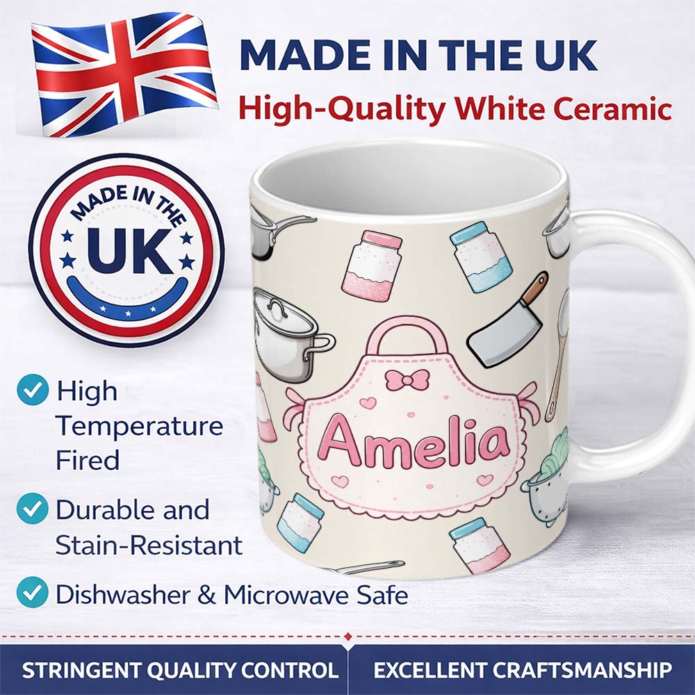 Personalized Custom Name Kawaii Kitchen Utensils Apron and Cooking Tools on Neutral Seamless 11oz Ceramic Coffee Tea Mug White Large Handle