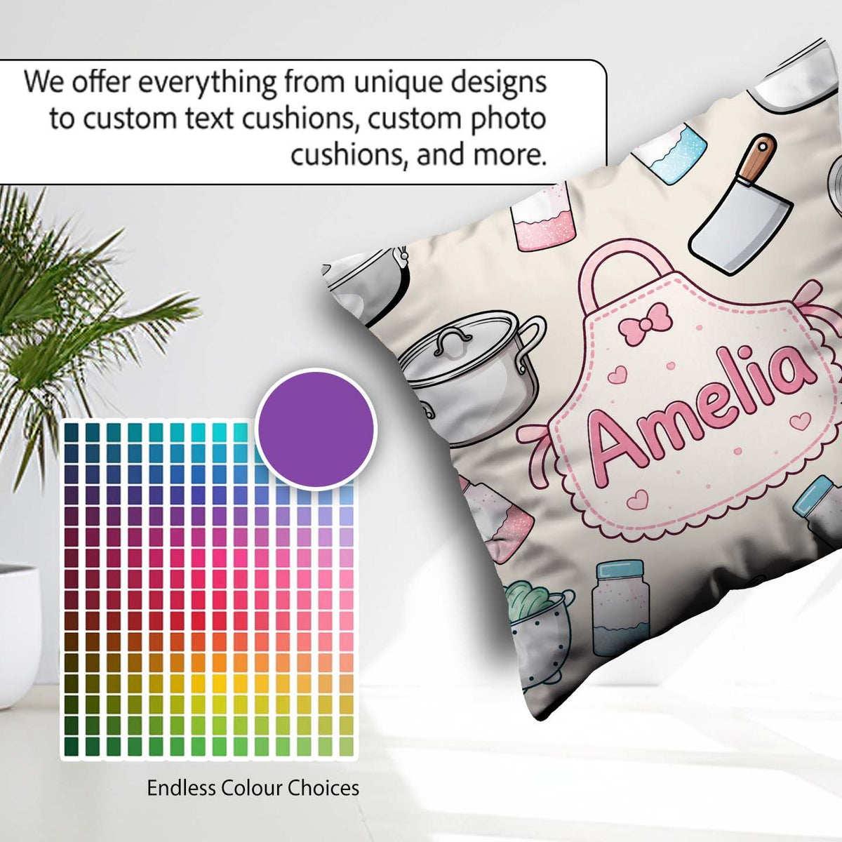 Custom Name Utensils Apron and Cooking Tools on Neutral Seamless Square Filled Cushion Throw Pillow Sofa Bed Home Decor Zip Washable UK Made