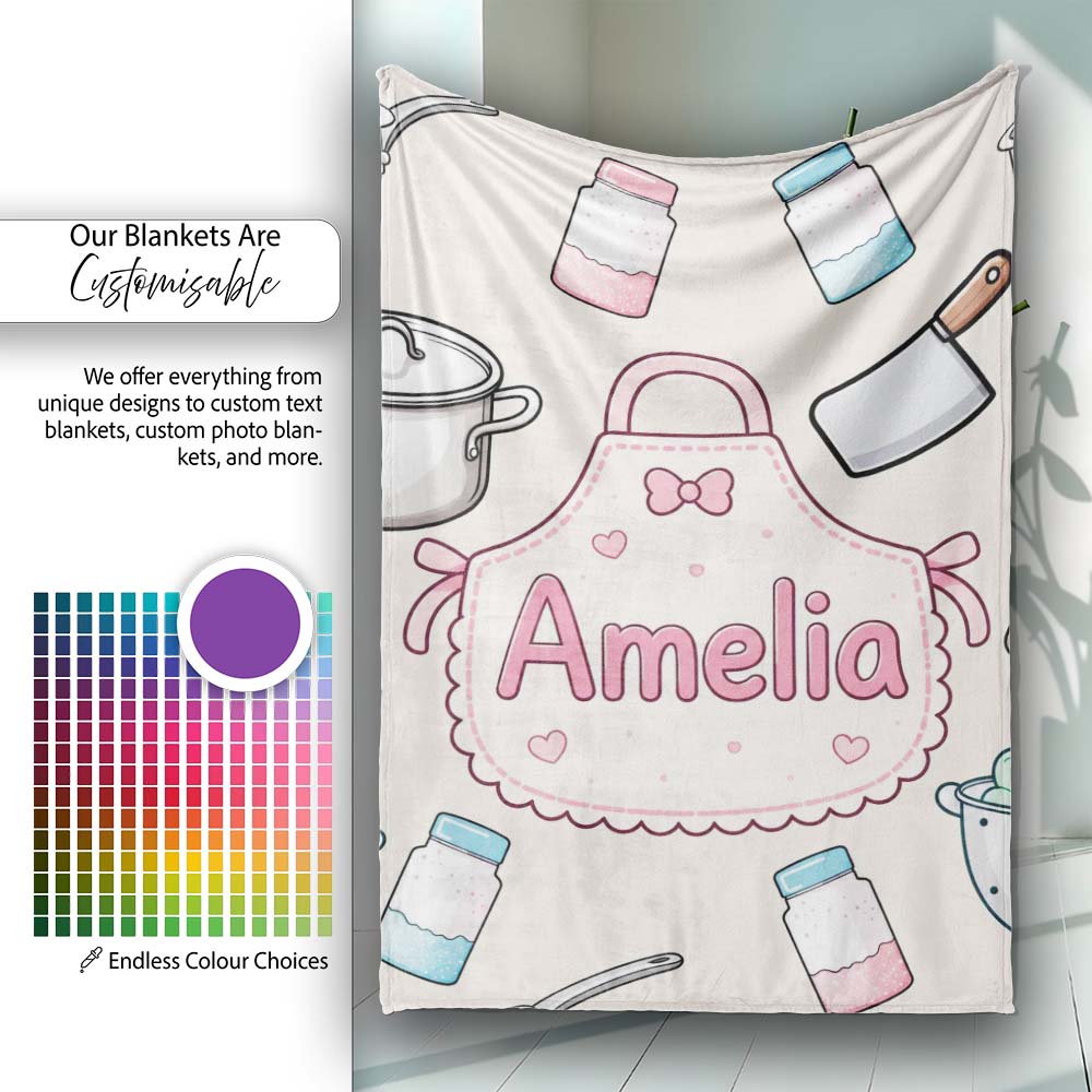 Kawaii Utensils Apron and Cooking Tools on Neutral Seamless Personalised Custom Name Super Soft Fleece Blanket Bed Sofa Throw