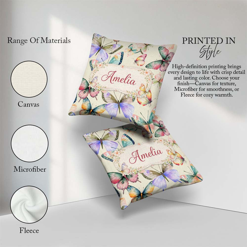 Custom Name Pastel Watercolor Butterflies Cream Seamless Pattern Square Filled Cushion Throw Pillow Sofa Bed Home Decor Zip Washable UK Made