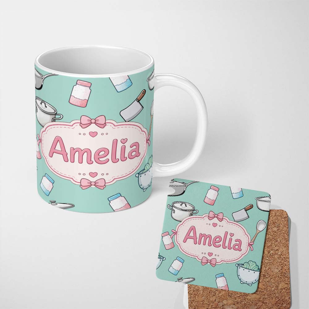 Personalized Custom Name Kawaii Kitchen Utensils Apron and Cooking Tools on Mint Seamless 11oz Ceramic Coffee Tea Mug White Large Handle