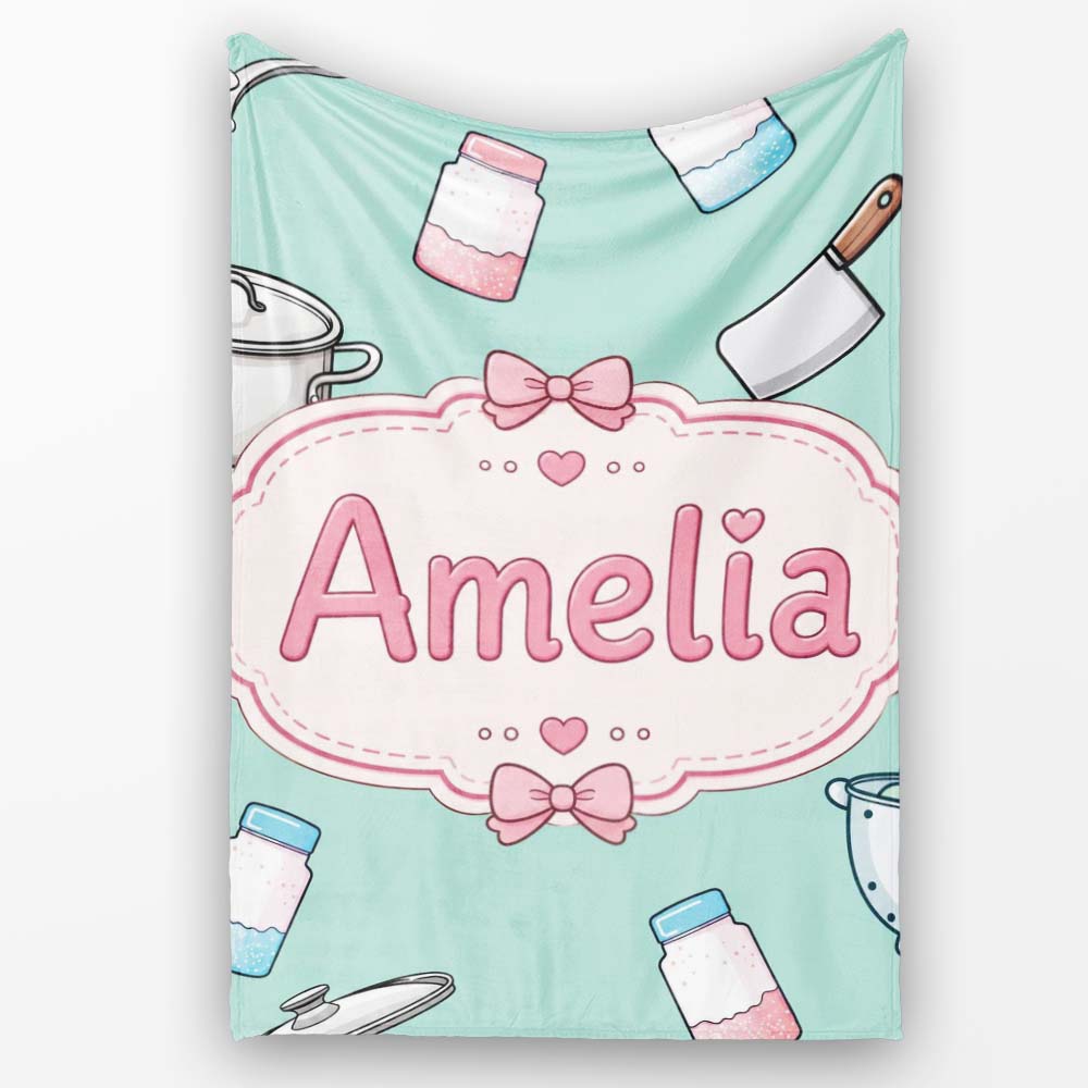 Kawaii Utensils Apron and Cooking Tools on Mint Seamless Personalised Custom Name Super Soft Fleece Blanket Bed Sofa Throw