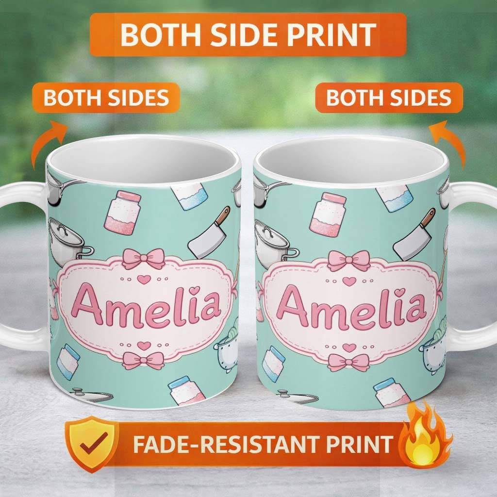 Personalized Custom Name Kawaii Kitchen Utensils Apron and Cooking Tools on Mint Seamless 11oz Ceramic Coffee Tea Mug White Large Handle