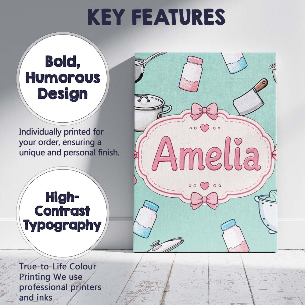 Personalised Name Kawaii Utensils Apron and Custom Bespoke Interior Contemporary Canvas Wall Art Print Decor Picture Ready to Hang