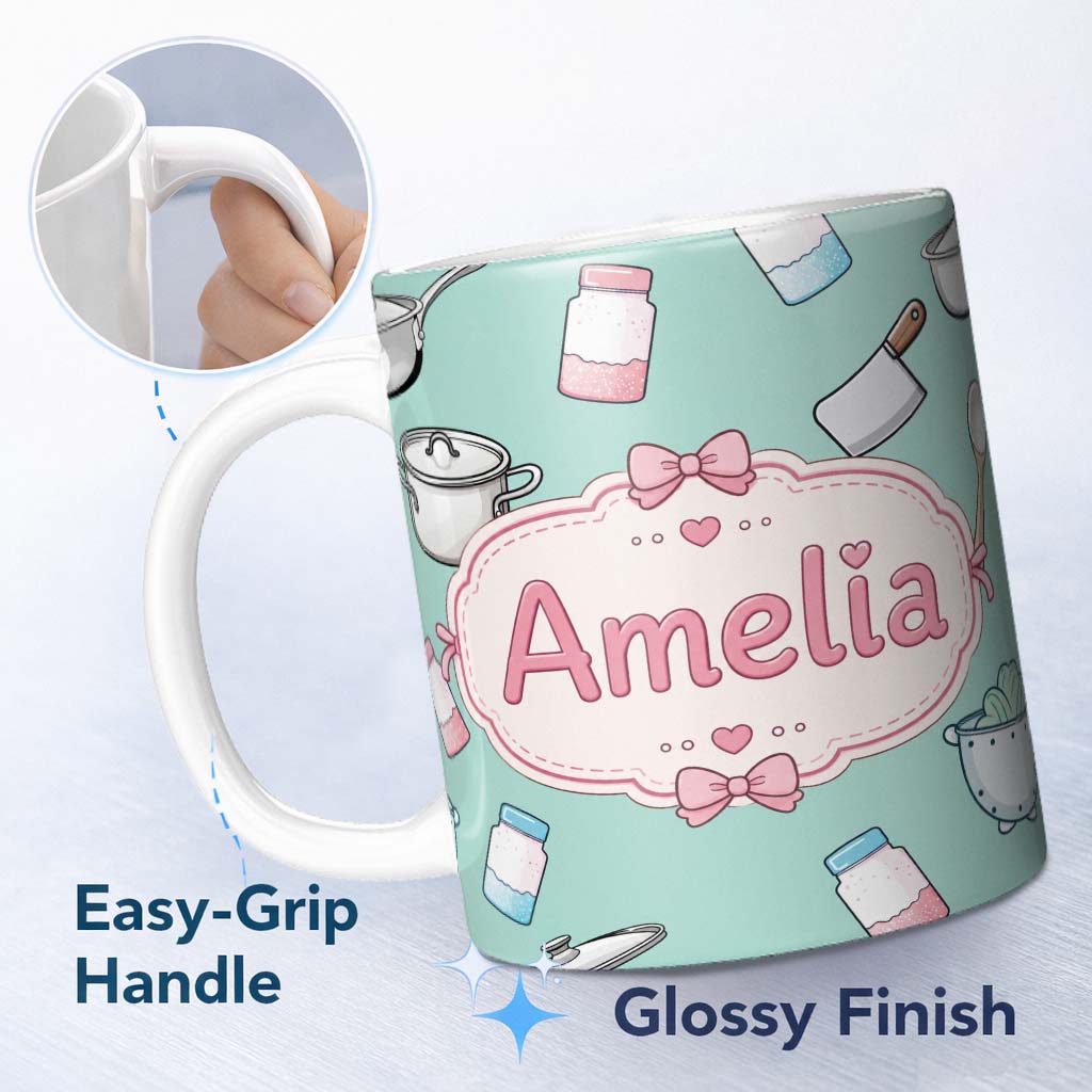 Personalized Custom Name Kawaii Kitchen Utensils Apron and Cooking Tools on Mint Seamless 11oz Ceramic Coffee Tea Mug White Large Handle