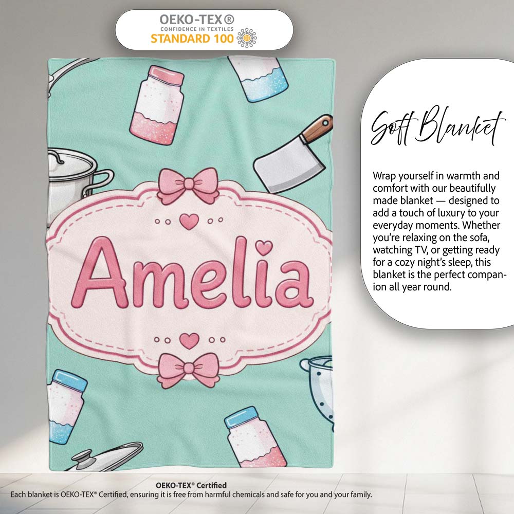 Kawaii Utensils Apron and Cooking Tools on Mint Seamless Personalised Custom Name Super Soft Fleece Blanket Bed Sofa Throw