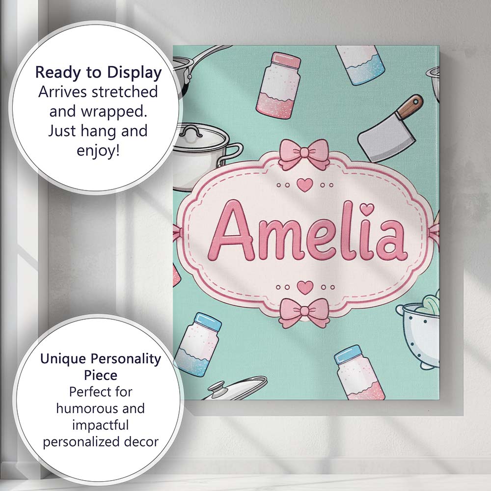 Personalised Name Kawaii Utensils Apron and Custom Bespoke Interior Contemporary Canvas Wall Art Print Decor Picture Ready to Hang