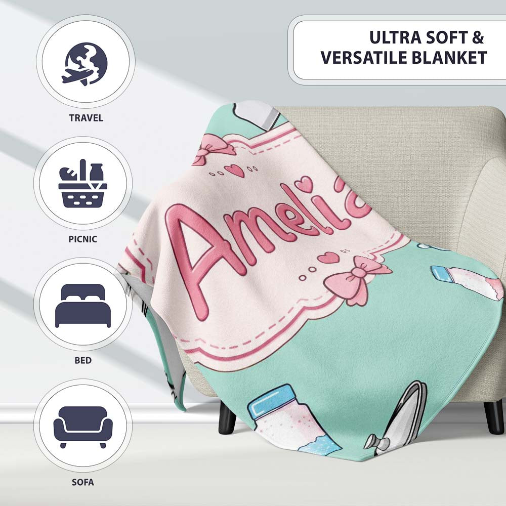 Kawaii Utensils Apron and Cooking Tools on Mint Seamless Personalised Custom Name Super Soft Fleece Blanket Bed Sofa Throw