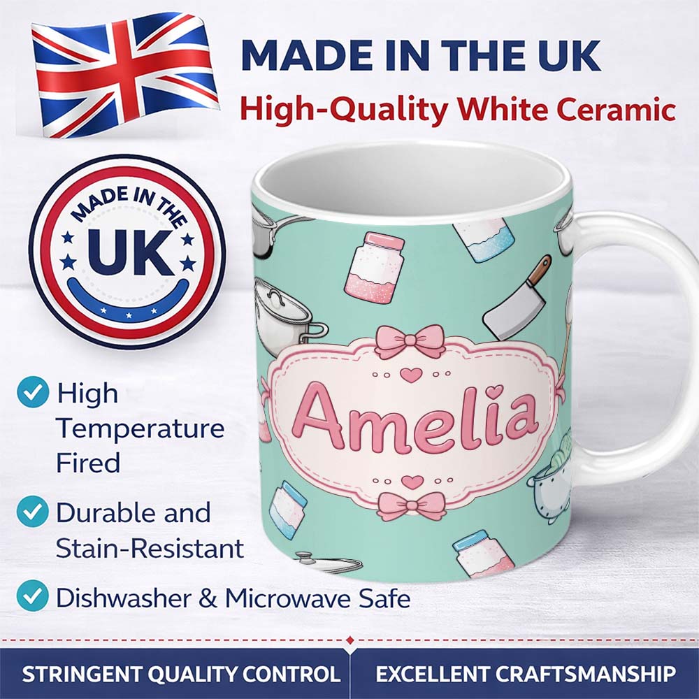 Personalized Custom Name Kawaii Kitchen Utensils Apron and Cooking Tools on Mint Seamless 11oz Ceramic Coffee Tea Mug White Large Handle