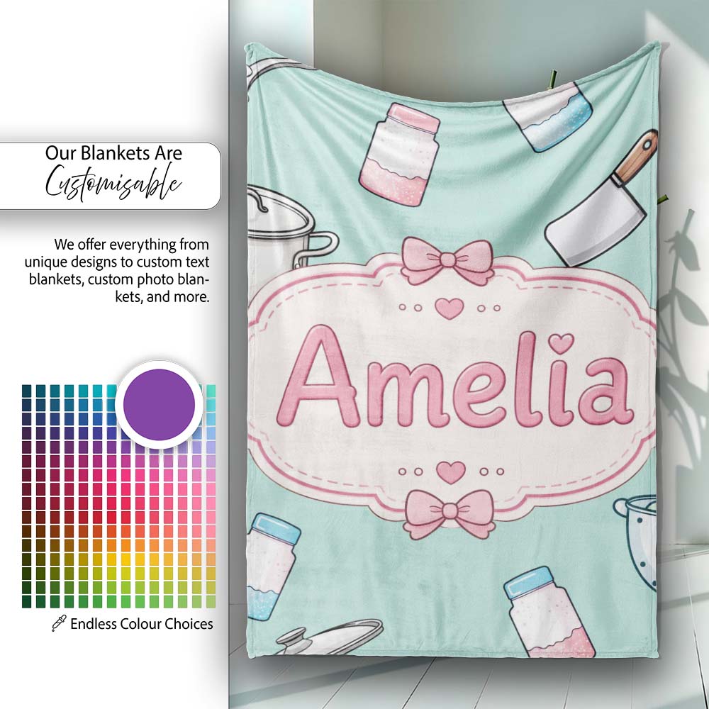 Kawaii Utensils Apron and Cooking Tools on Mint Seamless Personalised Custom Name Super Soft Fleece Blanket Bed Sofa Throw