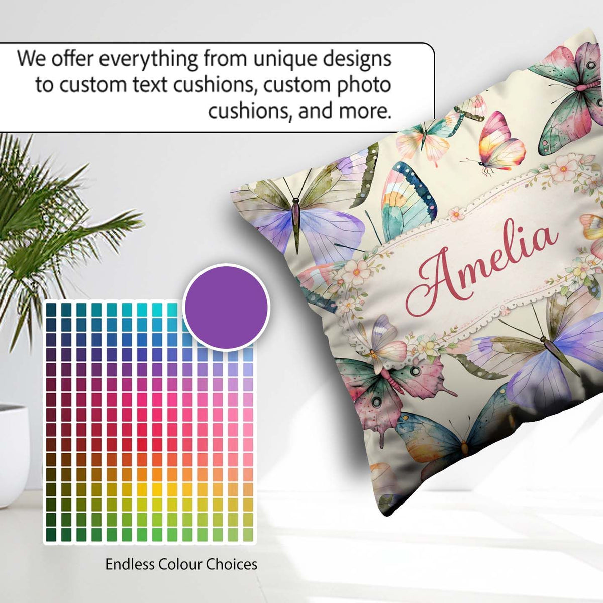 Custom Name Pastel Watercolor Butterflies Cream Seamless Pattern Square Filled Cushion Throw Pillow Sofa Bed Home Decor Zip Washable UK Made