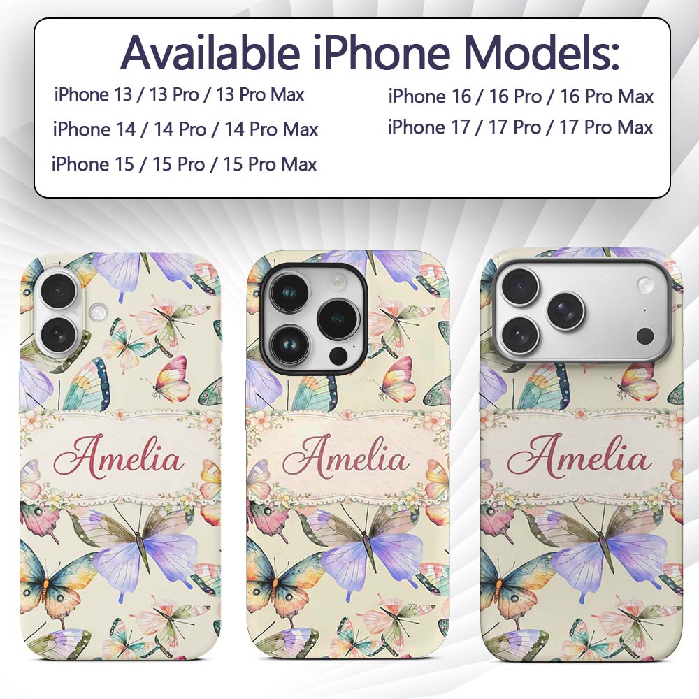 Pastel Watercolor Butterflies Cream Background Custom Name Protective Phone Case Mobile Cover Durable Everyday Smartphone Shock Resistant